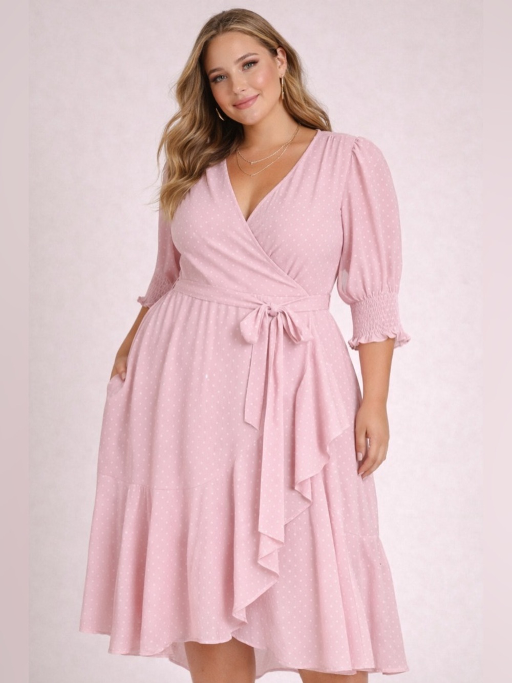 Maison Tara Pink Blush Wrap Belted Asymmetrical Hem Midi Dress 10